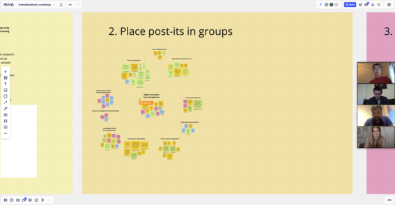 Screenshot of online workshop tool Miro with post-its and web camera images of four students.