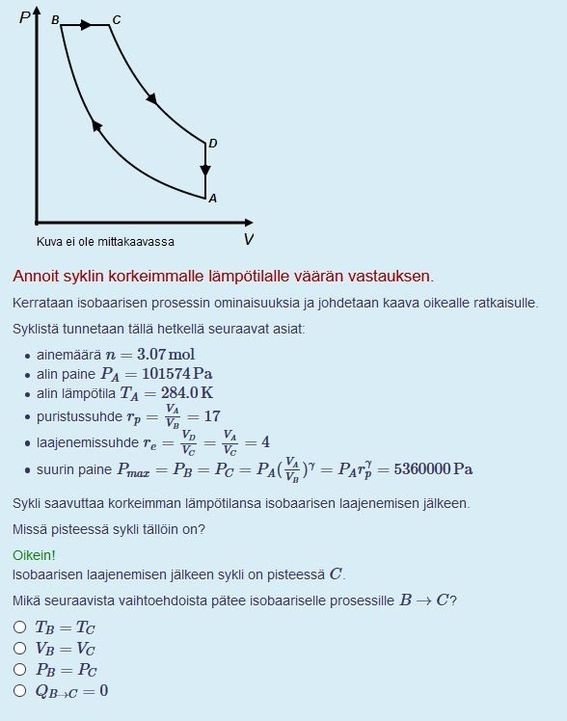 Esimerkkikuva lämpöopin tehtävästä, jossa tarkastellaan diesel-kiertoprosessia