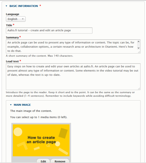 Screenshot of Drupal's Basic information field from this page.