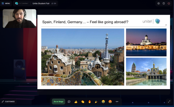 Secretary General of Unite! Andreas Winkler presenting Unite! on stage at the Virtual Fair for Students on 3 November, 2021.