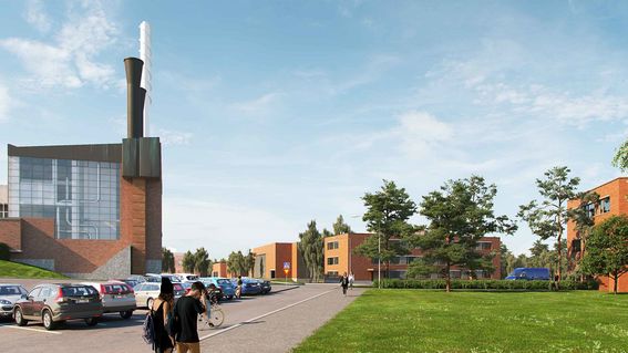 Illustration image of Aalto Works block, parking area in front of the power plant on the left, with trees, forest and red brick buildings on the right