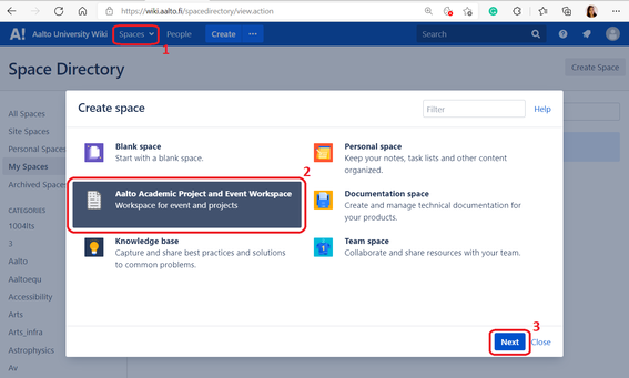 Screenshot of creating new Wiki space for projects and events