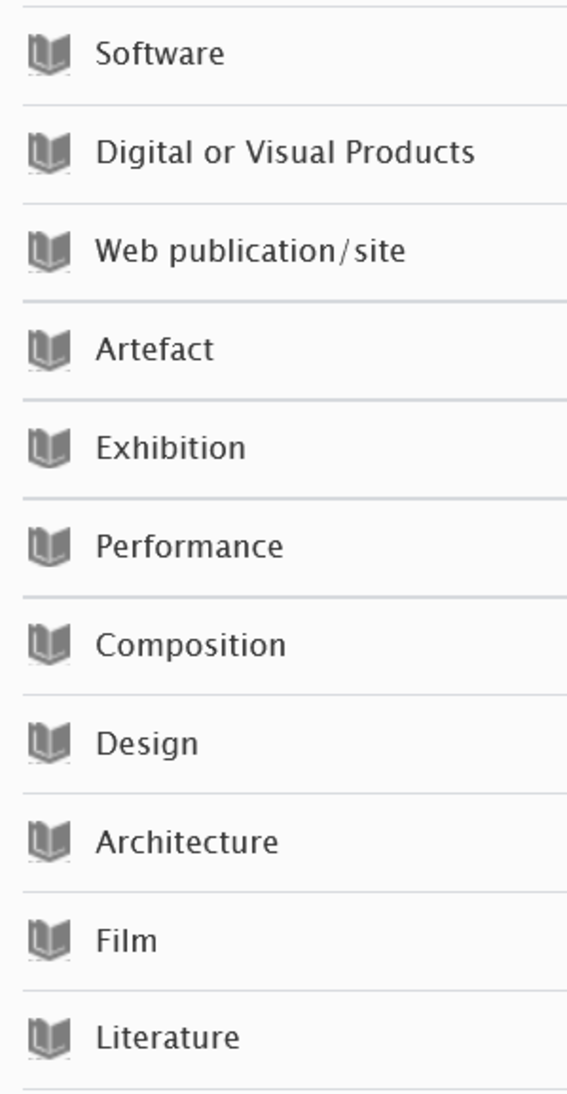 Screen capture about artistic output types from ACRIS