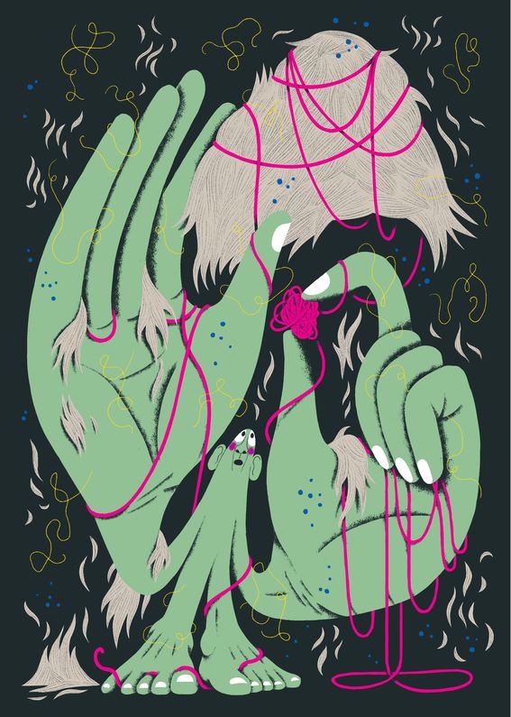 Mustapohjaisessa piirroskuvassa on vihreäsävyinen ihmishahmo, joka pitelee sormissaan villatukkoa sekä punaista lankakerää.