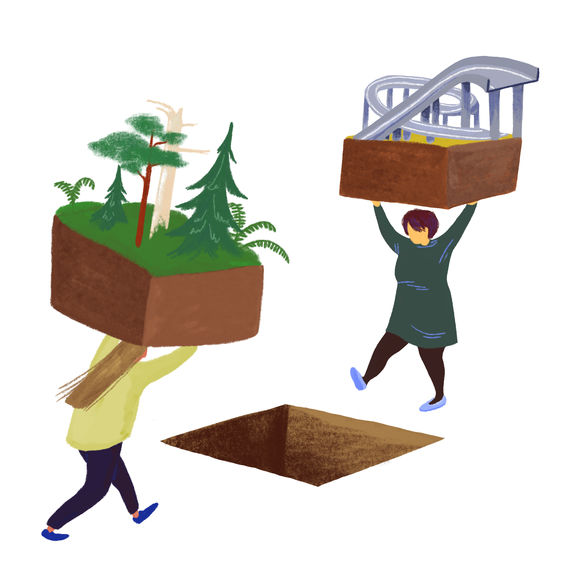 Kuvitteellisessa piirroskuvassa kaksi ihmishahmoa pitelee päänsä päällä rakennuspalikan tapaista kuutiota. Toisessa kuutiossa on puita, toisessa moottoriteitä. Hahmojen edessä on kuutionmuotoinen tyhjä kuoppa.