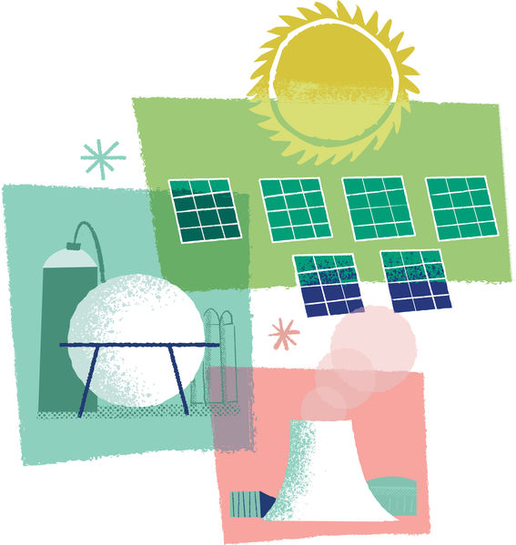 Vihreän ja keltaisen sävyisessä kuvituskuvassa on tyylitelty aurinko, aurinkopaneeleita, suuri pyöreä säiliö ja lämpövoimala.