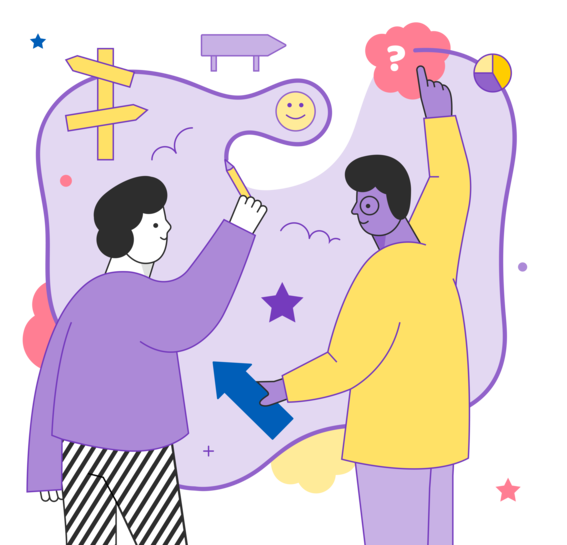 Two cartoon figures standing 