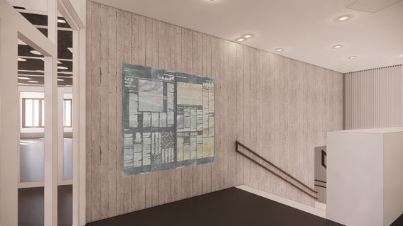 An illustration image from inside Marsio building. A staicase landing, where Maija Luutonen's painting Lehdet is on the concrete wall.