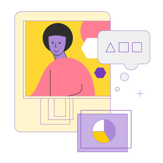 Illustration: a person, pie chart and speech bubble