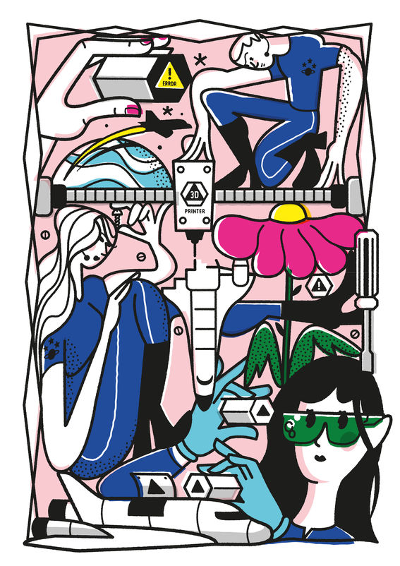 Piirroskuvassa on monenlaisia 3D-tulostamiseen liittyviä aiheita, kuten lentokoneita, ruuveja, kuutioita ja ruuvimeisseli. Lisäksi kuvassa on suuri punainen kukka sekä kolme ihmishahmoa: siniasuinen mies kumartuneena 3D-tulostimen ylle sekä kaksi naishahmoa, jotka pitelevät kuutioita ja ruuveja. Kuvitus: Studio Jenni & Jukka. 