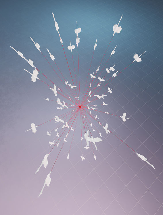 Kuvituskuvassa on sinisellä taustalla ruudukko, jonka keskellä olevasta punaisesta pisteestä lähtee suoria viivoja eri suuntiin. Jokaisen viivan päässä on valkoinen joutsenhahmo, osa joutsenista on pieniä, osa suuria. Kuvitus: Iikkamatti Hauru.