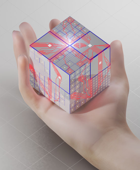 Kuvituskuvassa suurikokoinen kämmen pitelee nelikulmiota, joka näyttäisi muodostuvan pienistä metallisista komponenteista ja jonka päällä on sähkönjohtavuutta symboloivia punaisia viivoja. Kuvitus: Iikkamatti Hauru. 