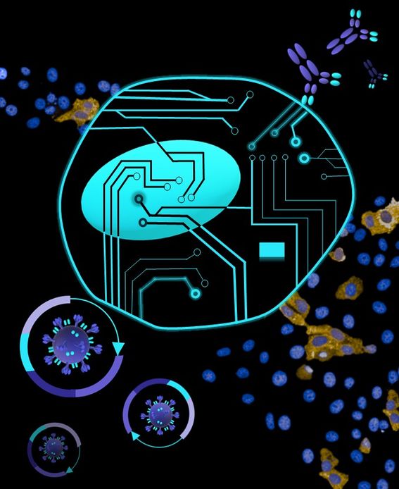 Stylized image of circuits inside a cell with other cellular and virus elements floating nearby