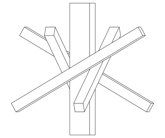 Axonometric drawing of Kide joint, with one vertical surrounded by 4 diagonals at 60 degree angles