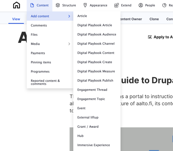 A screen capture of the Drupal editing menu with the links "Content", "Add content" and the list of content types highlighted.