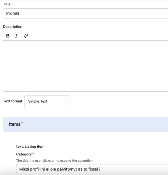 Kuvakaappaus Drupalin Listing-komponentista, jossa näkyy listan otsikko ja listalla olevan tekstielementin otsikko.