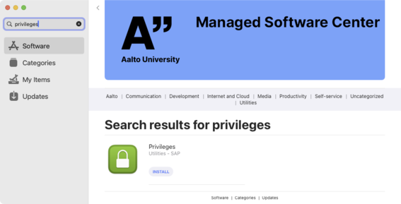 Privileges application in Manages Software Center