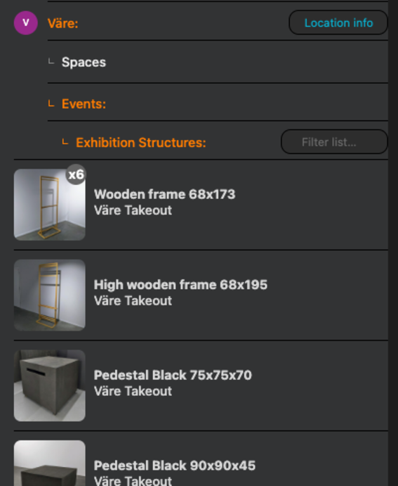 Näyttelyrakenteet löytyvät takeout.aalto.fistä Väreen lokaation alta, Events alakategoriasta.