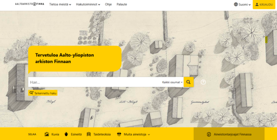 Aalto-yliopiston Finna-arkiston etusivu, jossa hakupalkki, keltaisia aksentteja ja taustalla kartta.