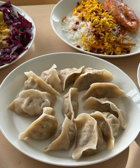 A plate of steamed dumplings. Other dishes with rice, vegetables and purple cabbage are visible in the background.