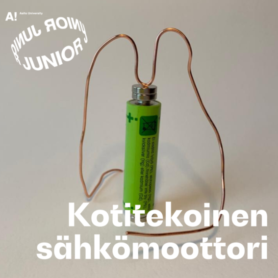 Vihreä paristo ja kuparilanka muodostavat kotitekoisen sähkömoottorin. Teksti: Kotitekoinen sähkömoottori.