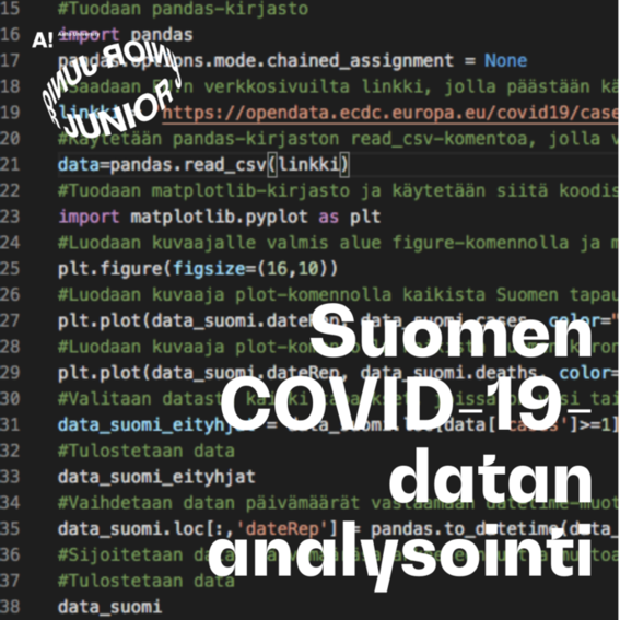 Teksti 'Suomen COVID-19 datan analysointi' Python-koodinäytön päällä datan käsittelyä ja visualisointia varten.