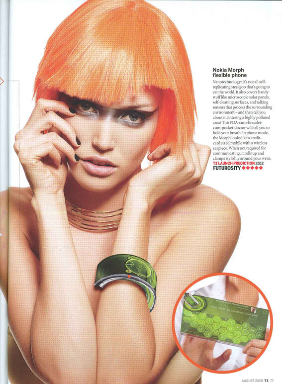 Person with orange hair wearing a necklace and green bracelet. Inset picture shows a flexible green keyboard.