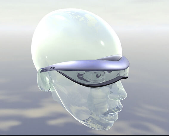 Transparent glass head wearing Nokia smart glasses against a blurred background.