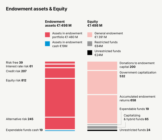 Diagram showing Endowment Assets (€1498M) and Equity (€1498M) in various categories with associated risks and returns.