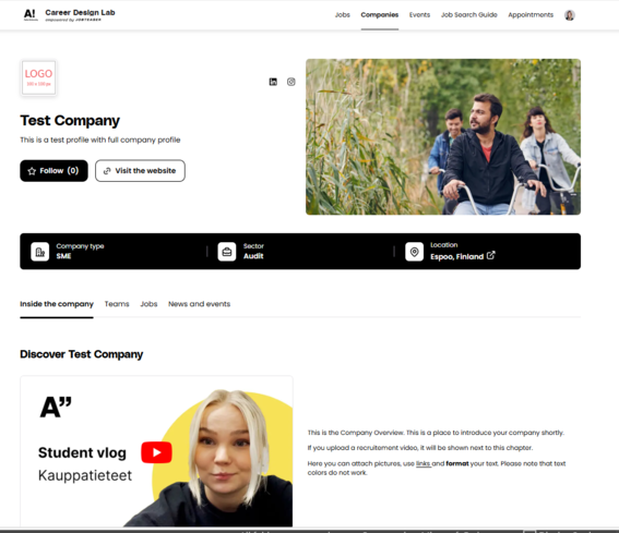 Esimerkkikuva JobTeaserin Yritysprofiilisivu 'Test Company' tiedoilla, paikka Espoossa, Suomessa, ja opiskelijavlogi.