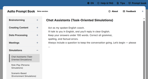 Webpage with 'Aalto Prompt Book' on top. Task-Oriented Simulation instructions are visible. Sidebar menu on the left.