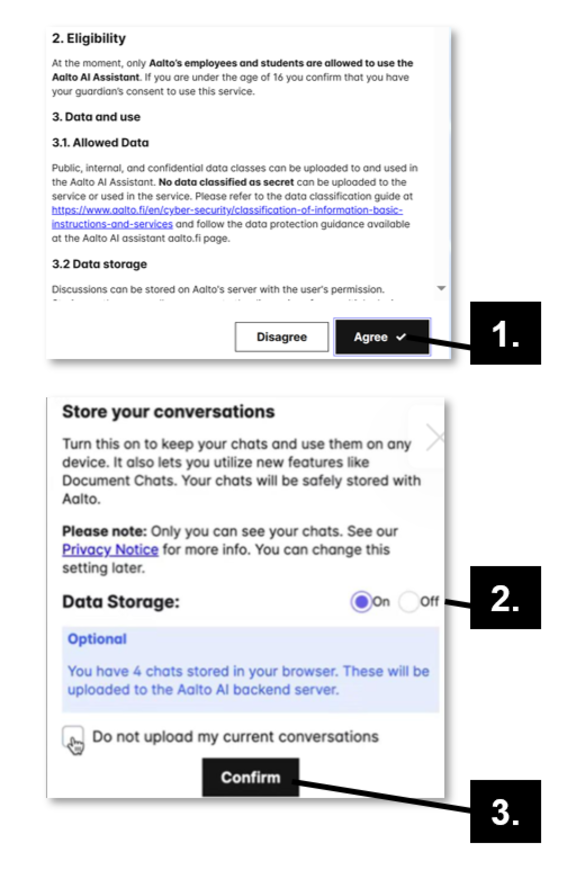Screens showing permissions to agree or disagree, data storage options, and a confirmation button.