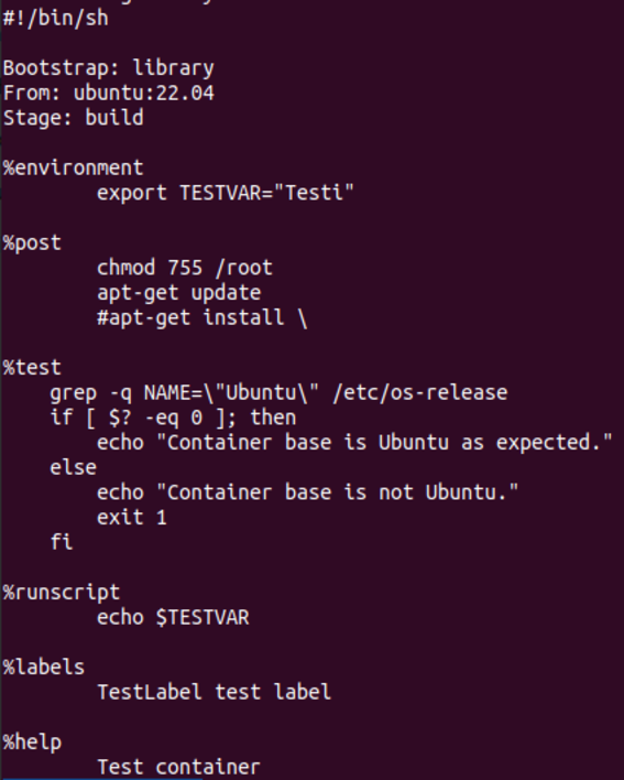 Terminal window showing a script with Ubuntu build instructions. Elements include environment, post, test, and runscripts.