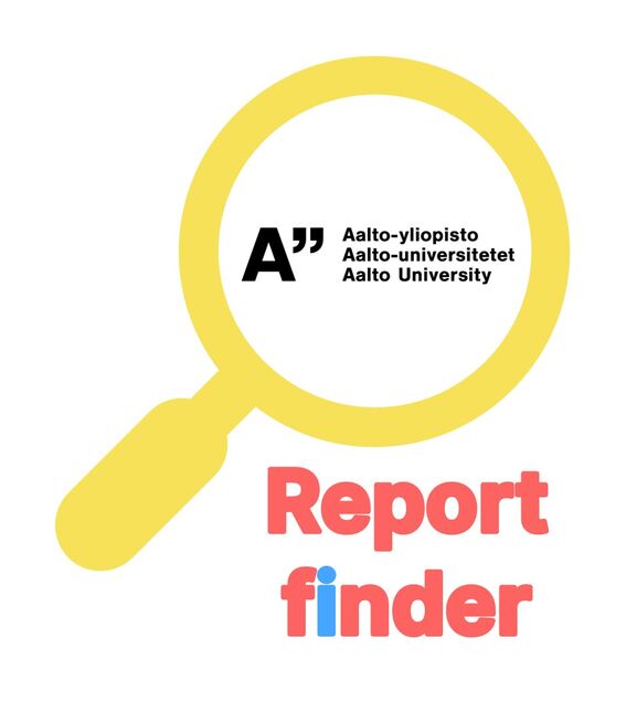 A yellow magnifying glass with 'Aalto University' text inside. Below, 'Report finder' text in red and blue.