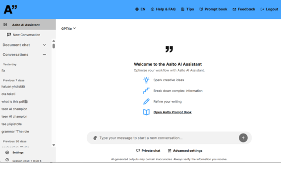 Aalto AI Assistant interface with conversation list on the left and welcome message on the right.