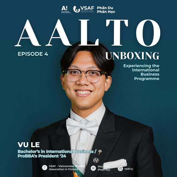 A person in formal attire with a white bow tie. Text: Aalto Unboxing, Episode 4, Vu Le, Bachelor's in International Business.
