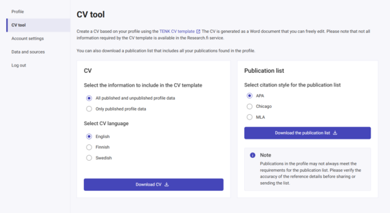 Näyttökuva CV-työkalun käyttöliittymästä, jossa on CV:n ja julkaisulistan asetukset. Latauspainikkeet näkyvät.