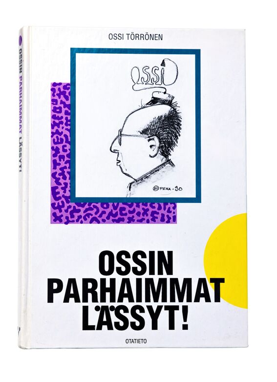 Book cover with a cartoon drawing, purple pattern, yellow circle, and the title in Finnish: 'Ossin parhaimmat lässyt!'.