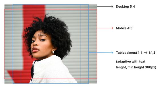 Different display sizes of an image showing a person with curly hair and a white coat standing in front of a grey wall with a red stripe.