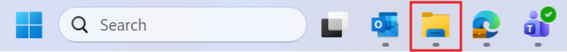 Screenshot of taskbar with Windows, Search, Task View, Outlook, File Explorer and Teams icons. File Explorer icon highlighted with red box.