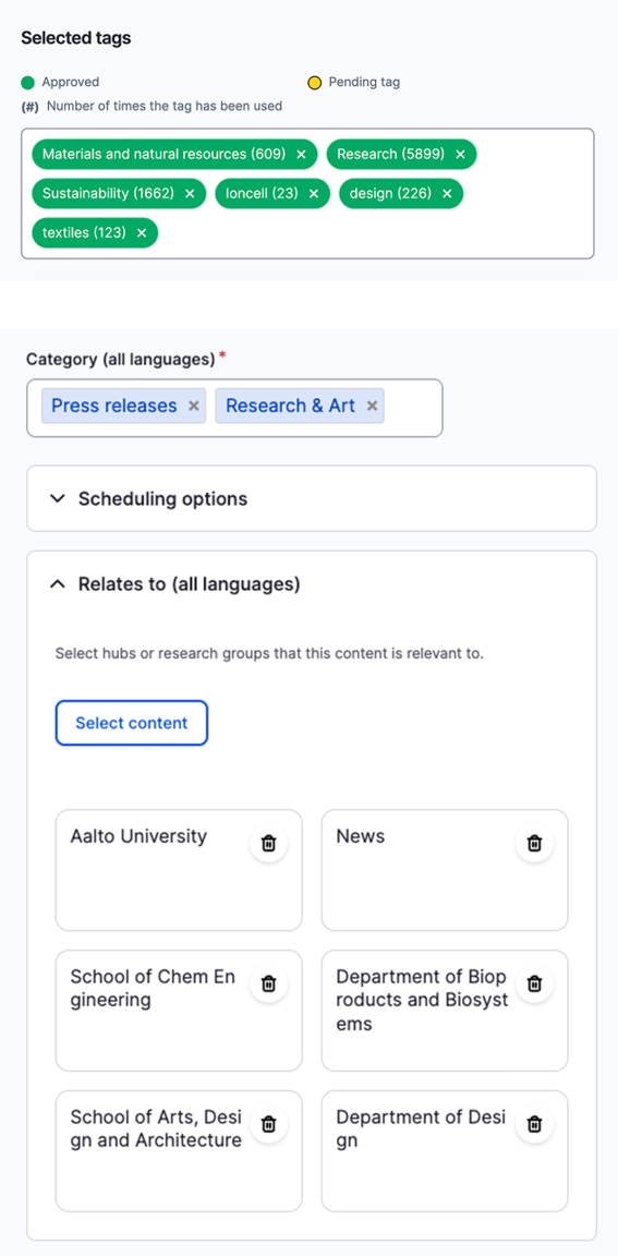 Drupal tags and metadata selection interface. 