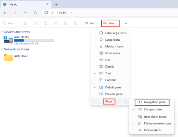 Screenshot of File Explorer options showing Navigation pane and the options under View for Navigation pane.