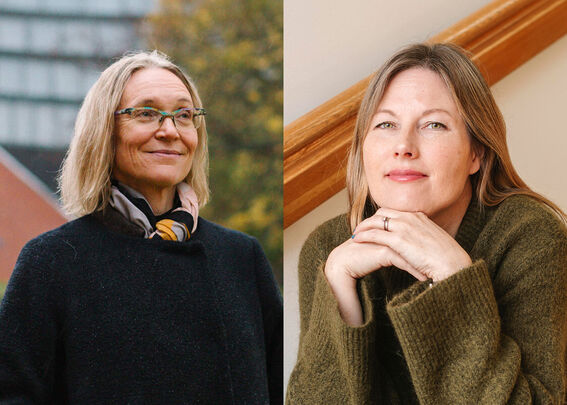 Two women with blurred faces, one wearing a dark outfit with a scarf outdoors, the other in a green sweater indoors.