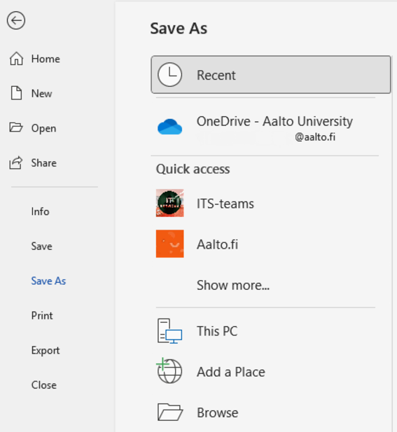 A 'Save As' menu with options for 'Recent', 'OneDrive - Aalto University', Teams, PC, and Browse.