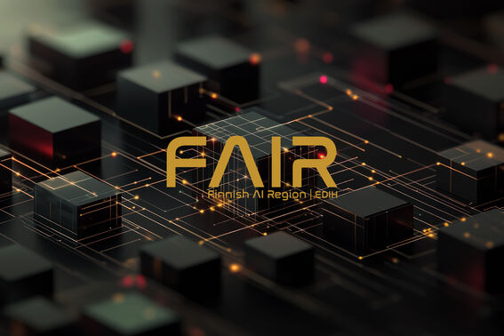 Finnish AI Region -hankkeen logo taustalla, joka on tyylitelty esitys piirikortista.