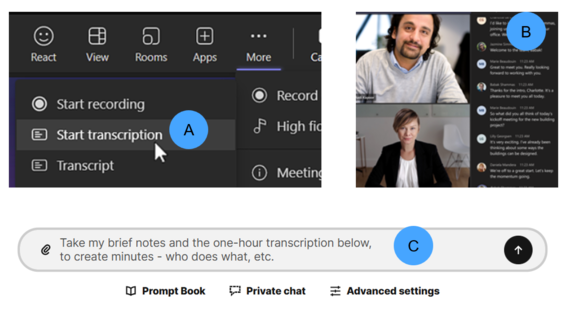 A screenshot showing a transcription menu, a video call, and a text box for notes or transcription.