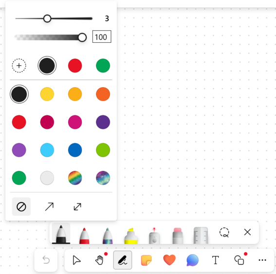 Whiteboard's Inking interface with colour options and pen sizes