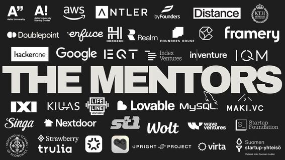 Dark banner with bold text THE MENTORS surrounded by many white company logos and names