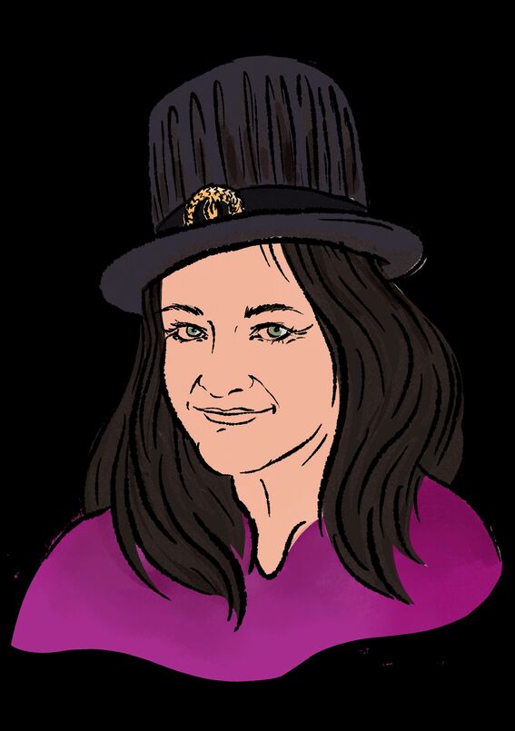 Cartoon image of a woman with a doctor's hat on her head.
