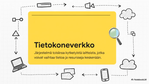 Kuvakaappaus videosta. Tietokoneverkko: Järjestelmä toisiinsa kytketyistä laitteista, jotka voivat vaihtaa tietoa ja resursseja keskenään.